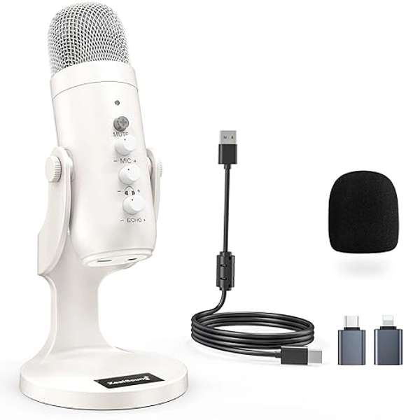 ZealSound USB Microphone,Quick Mute Noise Cancel for Phone Computer PC PS5,Gaming Microphone with Gain Control,Echo Monitor Volume Adjust for Streaming Vocal Recording ASMR Podcast Video K66 White - White