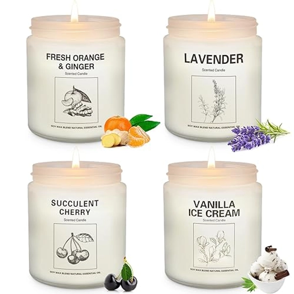 Scented Candles Sets, Candles for Home Scented,Made with Natural Soy Wax & Essential Oils, 35 Hour Burn Time,4 x 7.1 Oz Aromatherapy Candle Gifts for Christmas Birthday Women Mom Best Friends. - Cherry+Gingerbread Honey+Lavender+Vanilla Icecream