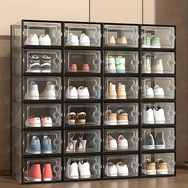 6/12/24 Pack Shoe Boxes Thickened Transparent with Lid, Foldable Stackable Free Combination Shoe Rack, Plastic Sneaker Container, Space Saving Storage Organizer for Entryway, Bedroom, Home, Dorm, Ramadan Decor