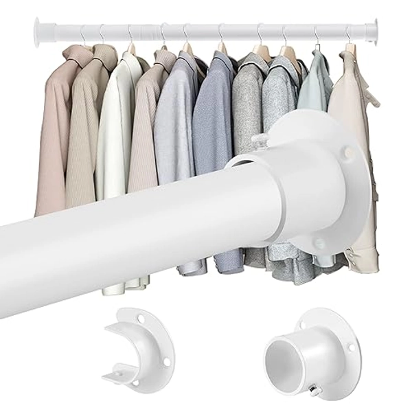Closet Rods for Hanging Clothes, 1.3 Inch Diameter Heavy Duty Closet Rod 17-75 Inches Adjustable Clothes Hanging Rod White Closet Poles for Wardrobes, Bathroom, Windows - 17-75" - White