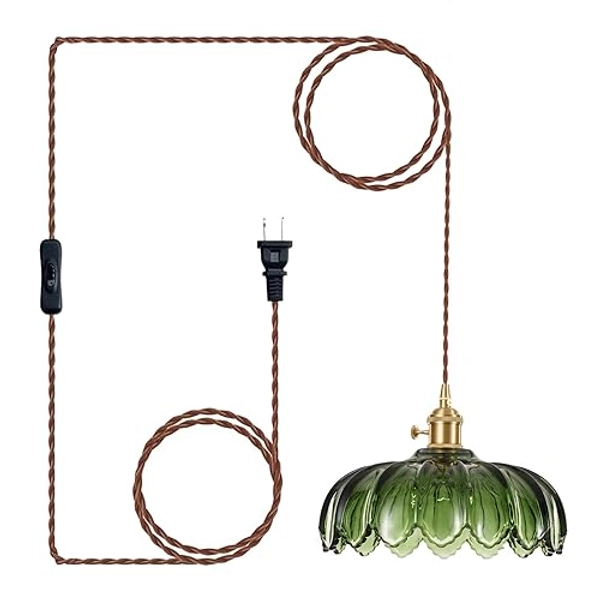 XZHGCEE Plug in Pendant Light Fixtures, Hanging Light Fixture Green Glass Pendant Light, Pendant Lighting for Kitchen Island, Bedroom, Dining Room, Living Room, E26 No Bulb - Copper