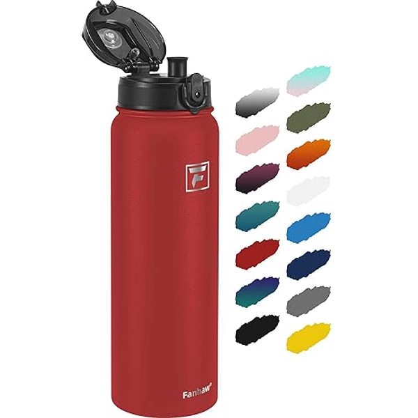 Fanhaw 32 Oz Insulated Stainless Steel Water Bottle with 1 Lid (Chug Lid) - For Kids, Women, Men | Leak & Sweat Proof with Anti-Dust Lid (Red) - 32 Ounces - Red