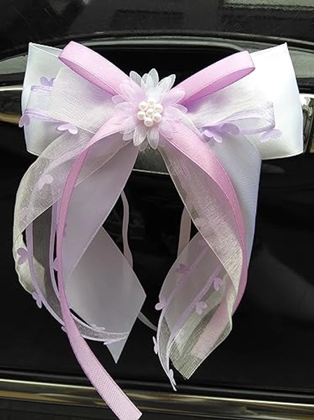 Miya@ 10 hochwertige Handgemacht Weiss Antenneschleifen mit Herzschleifen aus Satin, Auto Schleifen, Hochzeit Deko, Autoschmuck (5 cm helllila) - 5 cm helllila