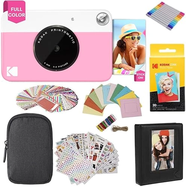 KODAK Printomatic Full-Color Instant Print Digital Camera Colorful Photos On Zink 2x3" Sticky-Back Photo Paper 5MP Gift Bundle: Case + Zink 2x3" 20pk + Album + Stickers + Frames + Markers - Pink