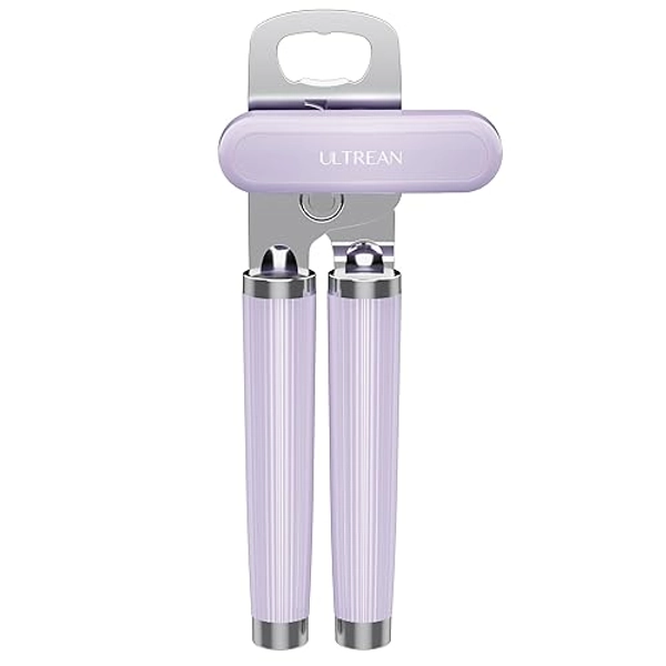 Ultrean Manual Can Opener Bottle Opener, Heavy Duty Stainless Steel Smooth Edge Manual Hand Held Can Opener With Soft Touch Handle, Rust Proof Oversized Handheld Easy Turn Knob (Purple) - Purple