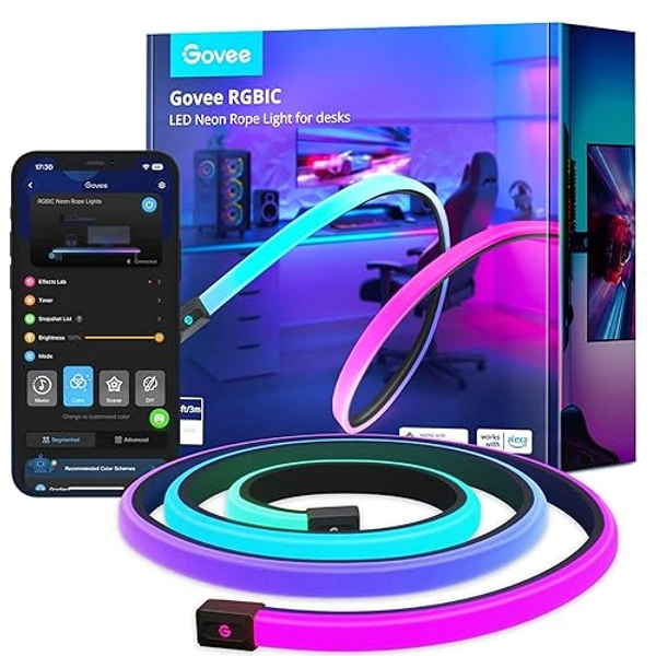 Govee RGBIC Gaming Neon LED Strip 3M für Gaming Schreibtisch, Neon Schild Kompatibel zu Razer Chroma, 11 Musik, 64+ Szene, Zuschneidbarer LED Streifen, RGB APP-Steuerung, Gaming - 3M