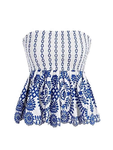 WDIRARA Women's Graphic Print Flared Hem Ruffle Shirred Bandeau Tops Strapless Sleeveless Boho Tube - Large - Blue