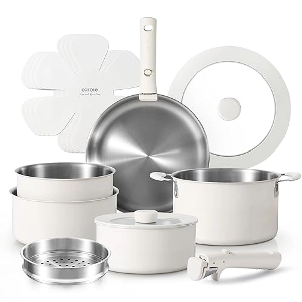 CAROTE 14pcs Pots and Pans Set, Stainless Steel Cookware Set Detachable Handle, Induction Kitchen Cookware Sets with Removable Handle, RV Cookware Set, Oven Safe, Camping Cookware, White - 14pcs White Set - Cream