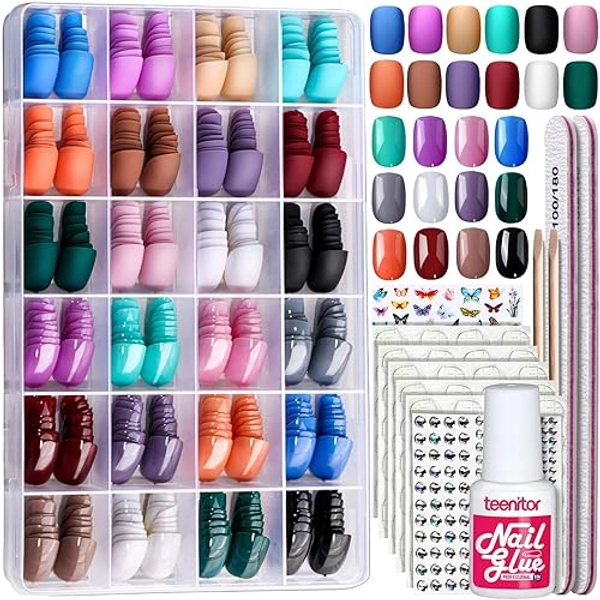 Teenitor 24Pack Short Press On Nails, 576Pcs Round Press On Nails, Matte and Glossy Short Fake Nails With Glue - A matte and glossy short nails