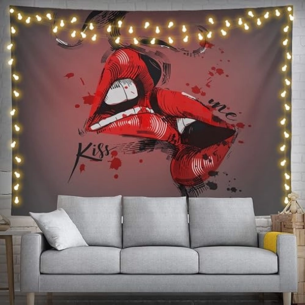 feelacle Sexy Kissing Lover Tapestry 60" X 40" Red Lips Wall Hanging Party Decorations Home Decor For Bedroom Living Room Dorm (150 X 100cm) - Sexy Kissing Lover - 60 X 40 Inch