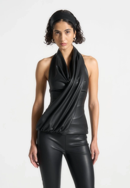 Leather Draped Halterneck Top - Black | US 10 / Black / WMN4085-01