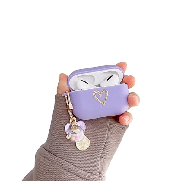 Ownest Kompatibel mit Airpods Pro 2 Hülle mit Schlüsselanhänger Aesthetic Girls Golden Love Herz Muster mit Cute Glücks Ball Silikon AirPods Schutzhülle - Lila -N - Lila-N
