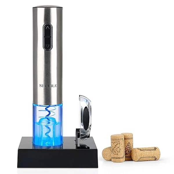 Secura Electric Wine Opener, Automatic Electric Wine Bottle Corkscrew Opener with Foil Cutter, Rechargeable (Stainless Steel)