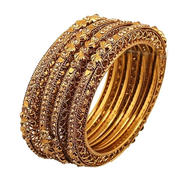 Touchstone "Golden Bangle Collection Ethnic Style Filigree Work Rhinestone Indian Bollywood Designer Jewelry Metal Bangle Bracelets in Antique Gold Tone for Women. Set of 4. - Bangles - XL - Circ 8.6 in-Indn Size 2.12-Dia 2.7 in - Gold