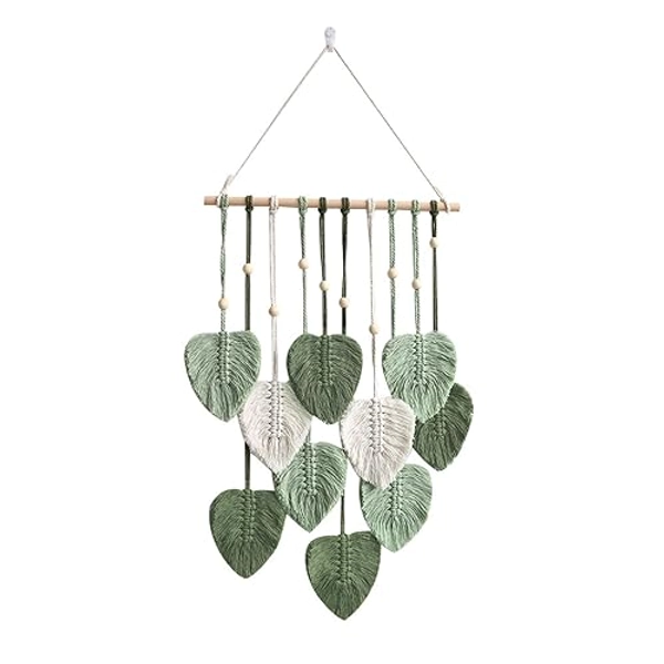 BigKing Wall Hanging Leaf Woven Tapestry,Tapestry Boho Style with Wooden Beads and Leaves, Handmade Wall Art Decor for Living Room, Bedroom, Indoor, Gifts 40 × 80 cm (ArmyGreen) - Armygreen