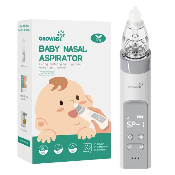 GROWNSY Baby Nasal Aspirator , Electric Nasal Aspirator for Baby, Baby Nose Sucker, Automatic Nose Cleaner with 3 Silicone Tips, Adjustable Suction Level, Music and Light Soothing Function - Gray