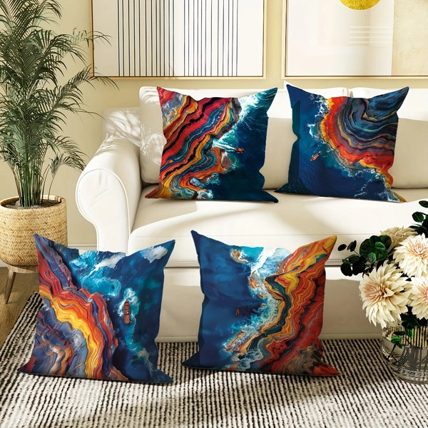 4-Pack Modern Geometric Nautical Ocean Pillow Covers, Soft Polyester, Machine Washable, Zippered, Woven Decorative Cushion Cases for Living Room, Sofa, Bed - Navy, Orange, Red