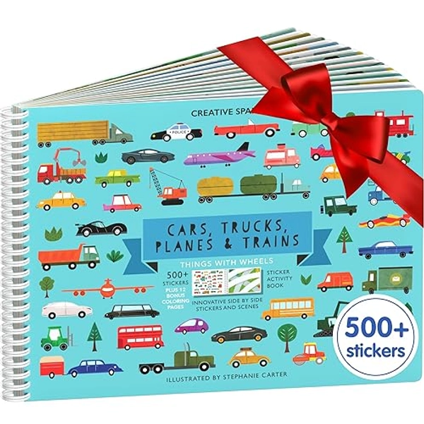 Sticker Book for Kids 2-4, 500+ Kids Stickers - Cars, Trucks, Planes & Trains 12 Coloring Pages 12 Side by Side Scenes - Fun Toddler Travel Activity Coloring and Sticker Books for Kids Ages 4-8 + 8-10 - Wheels