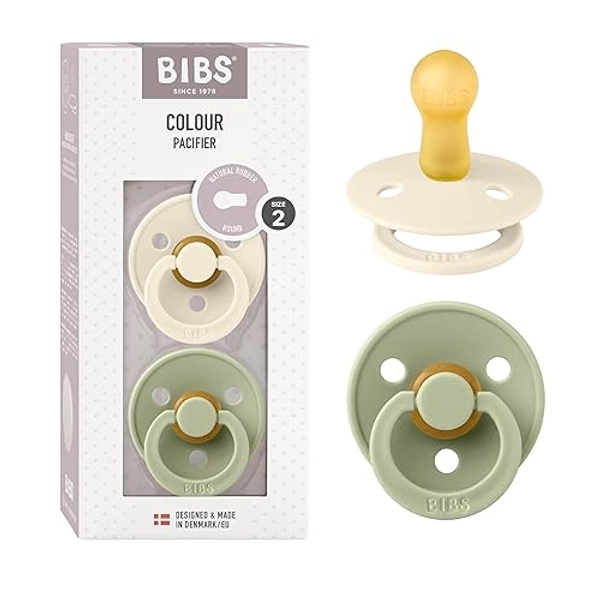 BIBS Pacifiers | Natural Rubber Baby Pacifier Combo | Set of 2 BPA-Free Soothers - 0-6 Months - Sage/Ivory