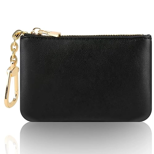 Amaxiu Women Genuine Leather Mini Coin Purse with Keychain, Cowhide Zipper Coin Pouch Credit Card Holder Earphone Lipstick Organizer(Black) - Black