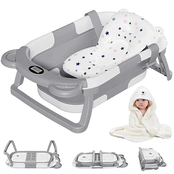 MoreFeel Collapsible Baby Bathtub for Newborn with Thermometer & 1 Hooded Towel & 1 Soft Floating Cushion,Portable Travel Bathtub with Drain Hole, Durable Foldable Baby Tubs for Infants to Toddler - Bear like - Grey