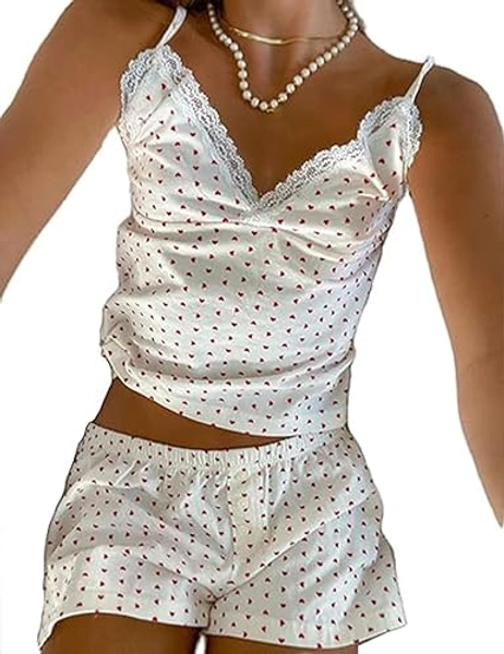 Cjfdfy Heart Pjs for Women Cute Sexy Cami Tank Top and Shorts Pajamas 2 Piece Set Soft Sleepwear Loungewear 2025 - Red - Small