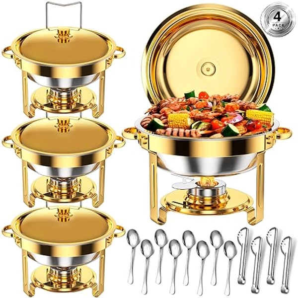 Keyoxy Round Chafing Dishes for Buffet 4 Pack 5 Qt, High Grade Chafing Dish Buffet Set with 12 PCS Serving Utensils,Full Size Pan,Food Warmers for Parties,Buffet,Wedding, Birthday,Camping [Gold] - 5 QT-4 pack - Gold