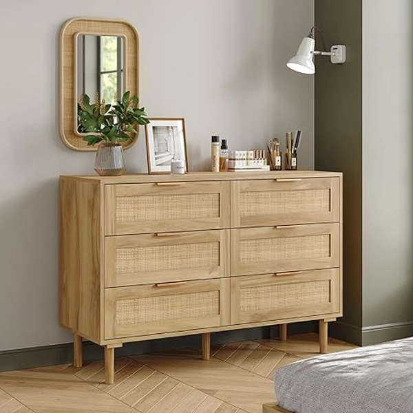 Furniouse 6 Drawers Rattan Dresser for Bedroom, Wooden Dresser Chest of Drawers, Storage Organizer for Closet, Beside Table for Living Room, Bedroom - Natural - 15.8"D x 43.4"W x 29.6"H (6 Drawers)