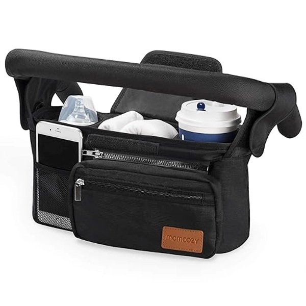 Momcozy Universal Stroller Organizer with Insulated Cup Holder Detachable Phone Bag & Shoulder Strap, Fits for Stroller like Uppababy, Baby Jogger, Britax, BOB, Umbrella and Pet Stroller - Black
