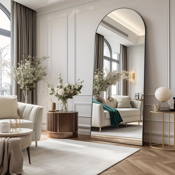 1pc Large Full-Length Arched Shatter-Proof Glass Mirror - Standing and Wall-Mounted, 59" Tall, Aluminum Alloy Frame, Leaning Option, Perfect for Bedroom and Living Room Decor, Stylish and Modern Home Furnishing