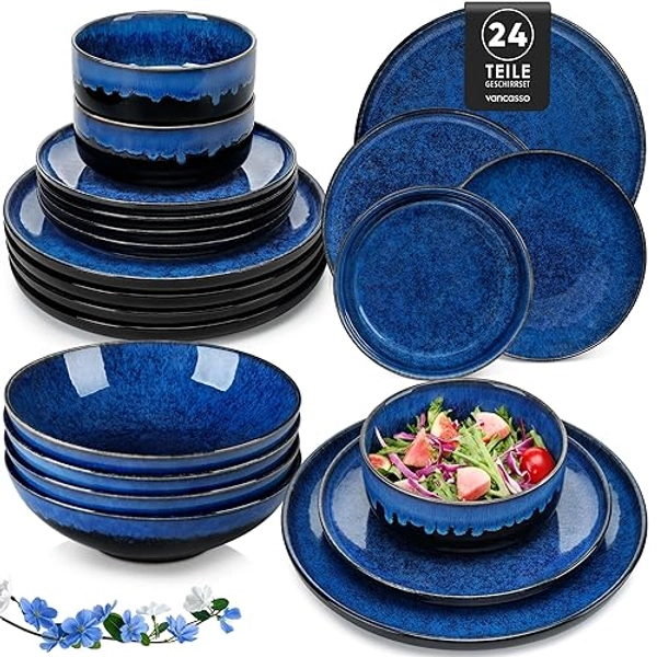 Geschirrset 6 Personen modern, vancasso STARRY 24 teiliges Steingut Geschirr Set, Kombiservice Set Blau, Tafelservice 6 Personen, Inklusive Speiseteller, Dessertteller, Suppenteller und Müslischalen - Blau - 24-teilig