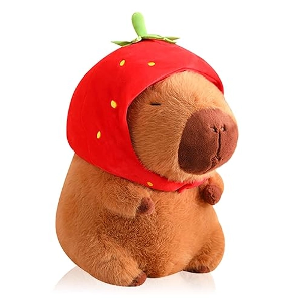 Sweesies Capybara Plush Wearing Strawberry Hat,Capybara Plush Toy, Capybara Birthday Decorations, Capybara Stuffed Animal，Cute Capybara Plush Toy for Girls and Boys - Strawberry