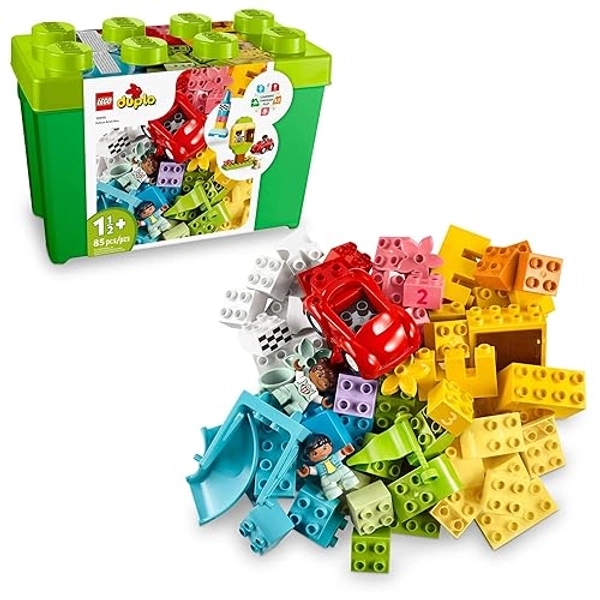 LEGO DUPLO Classic Deluxe Brick Box 10914 Starter Set - Features Storage Box, Bricks, Duplo Figures, Dog, and Car, Creative Play, Great Early Learning Toy for Toddlers Ages 18+ Months - Multicolor