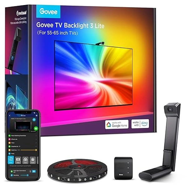 Govee TV Hintergrundbeleuchtung 3 Lite mit Fish-Eye Korrektur Funktion, Sync für 55-65 Zoll TVs, 3,6M RGBICW WiFi TV LED Strip mit Kamera, 4 Farben in 1 Lampenperle, Sprach- & APP-Steuerung - 55-65 Zoll