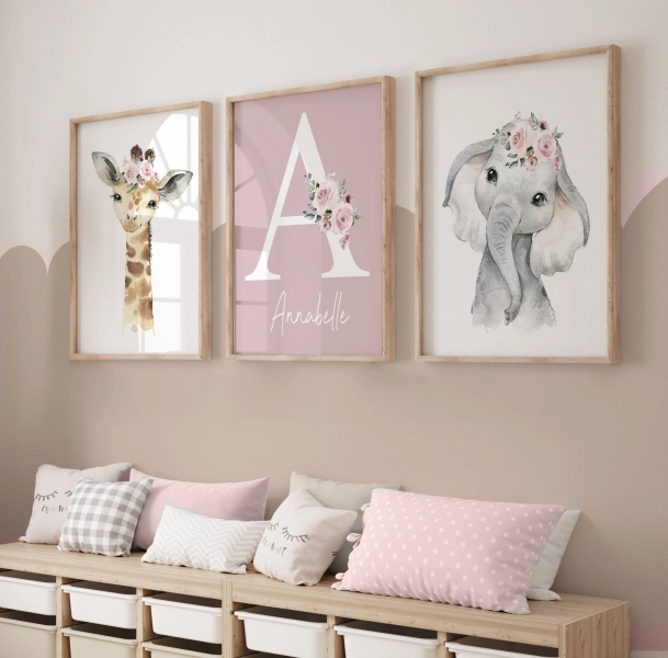 Girls Nursery Prints,Safari Nursery Prints,Girls Nursery Decor,Baby Girl Room,jungle nursery,safari animal,floral nursery,pink,personalised