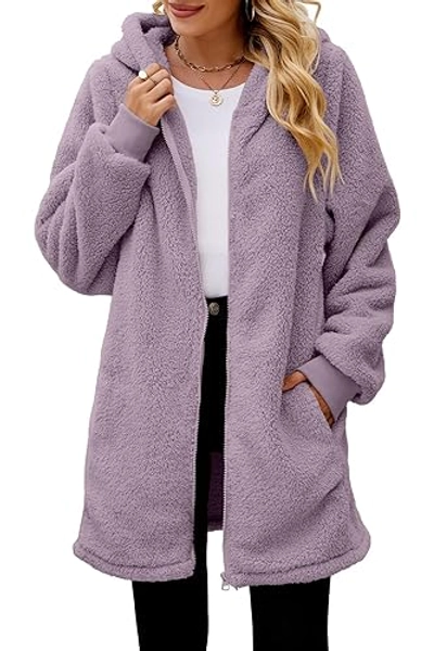 ReachMe Womens Oversized Zip Up Sherpa Jacket with Pockets Plaid Fleece Hoodie Winter Teddy Coat Outerwear - Large 01 Grey