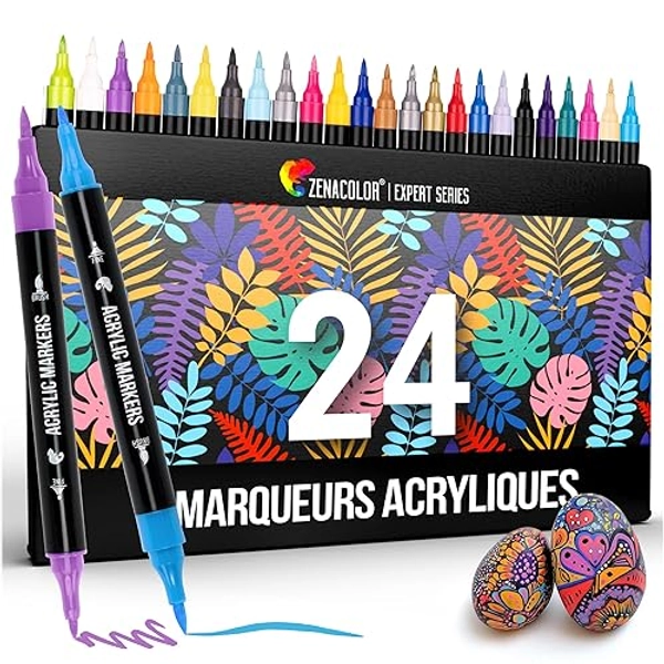 Zenacolor Feutre Acrylique à Double Pointe (Pointes Fines et Pinceau) - 24 Couleurs Uniques de Marqueur Acrylique pour Diverses Surfaces et Œuvres d'Art - Feutres Peinture Acrylique