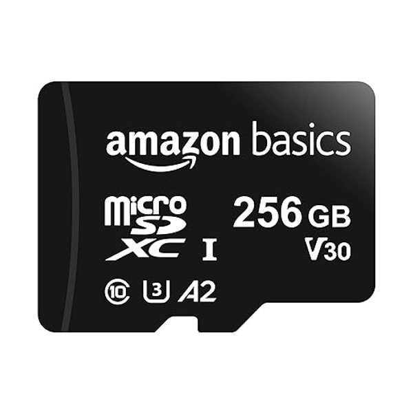 Amazon Basics Micro SDXC Memory Card with Full Size Adapter, A2, U3, Read Speed up to 100 MB/s, 256 GB, Black - 256GB