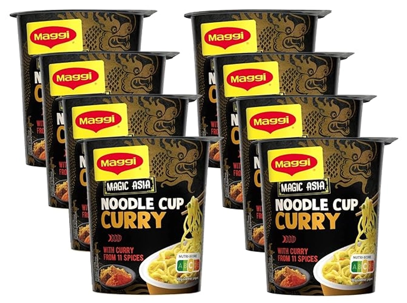 MAGGI Magic Asia Nudel Cup Curry, leckeres Fertiggericht, Instant-Nudeln, aromatisch-pikant, mit Gemüse verfeinert, 8er Pack (8x63g) - Curry - Single