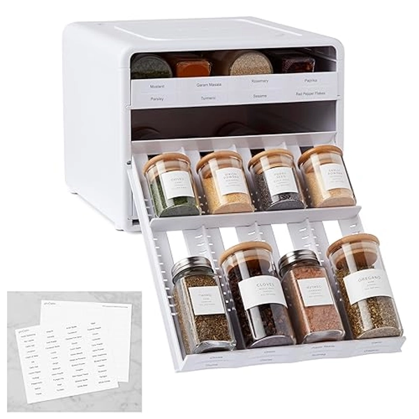 YouCopia SpiceStack Adjustable Spice Rack Organizer, Pull-Down 24-Bottle Seasonings and Spices Holder for Kitchen Cabinet and Pantry Organization with 104 Included Labels - White - Adjustable Dividers, 24-Bottle