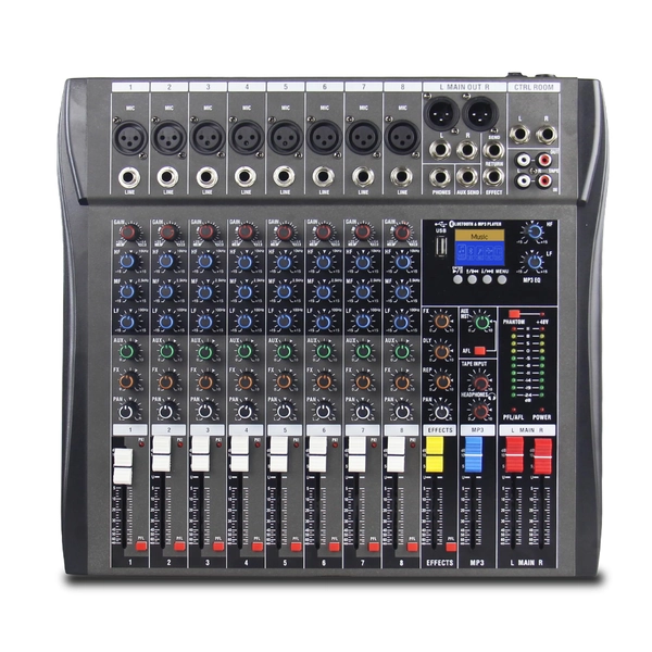 Mesa de Som Profissional, 8 Canais XLR, Mixer Digital com MP3 Player, Equalizador de 3 Bandas, Efeitos, LCD Display