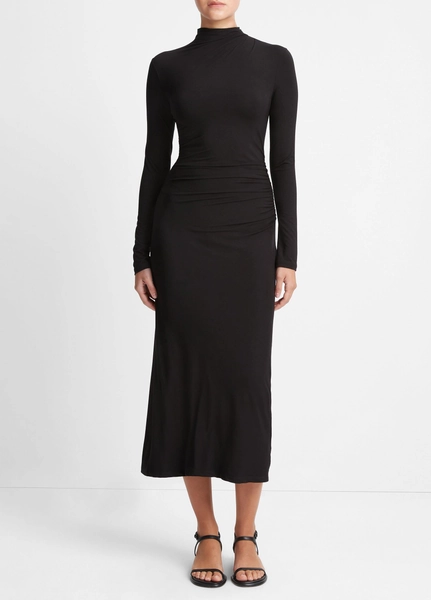 Ruched Long-Sleeve Turtleneck Dress