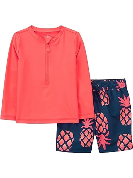 Simple Joys by Carter's Toddlers and Baby Boys' Swimsuit Trunk and Rashguard Set - 4T - Coral Orange/Navy Pineapple