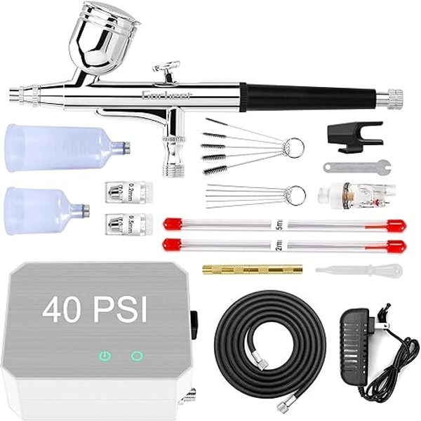 Gocheer Airbrush Kit with Air Compressor, 40 PSI High Pressure Air Brush Non-Clogging with 0.2/0.3/0.5mm Nozzle/Cleaning Sets, Ideal for Painting, Modeling, Cake Decor, Pastry, Makeup, Nail Art etc. - White