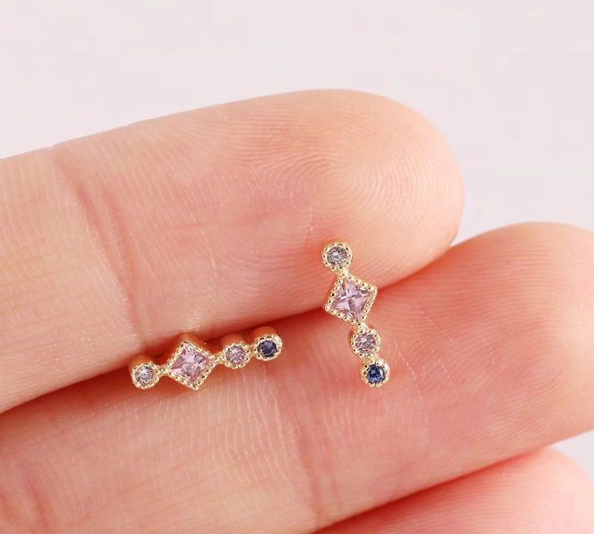 14k Solid Gold Axis Stacked Earring, CZ Bar Cartilage Stud, Tragus Earring, Helix Stud, Conch Earring, Threadless Flat Back Earring - Etsy