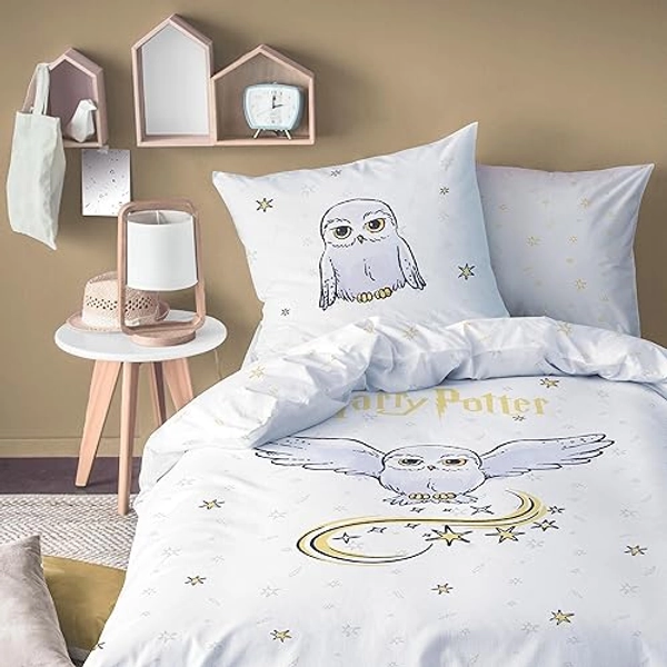 Harry Potter Bettwäsche 135x200 + 80x80 - Eule Hedwig - Harry Potter Fanartikel, Kinder-Bettwäsche, Teenager-Bettwäsche für Mädchen und Jungen, 100% Baumwolle - Weiß