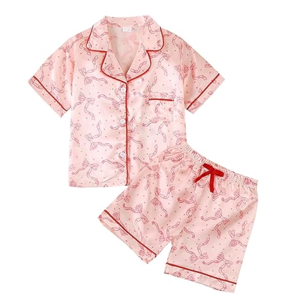 Qiylii 1-6Y Toddler Girls Floral Silk Pajamas Short Sleeve Button-Up Top Shorts Summer 2PC Flowers Satin Pajamas Set - Bowtie Pink - 12-18 Months