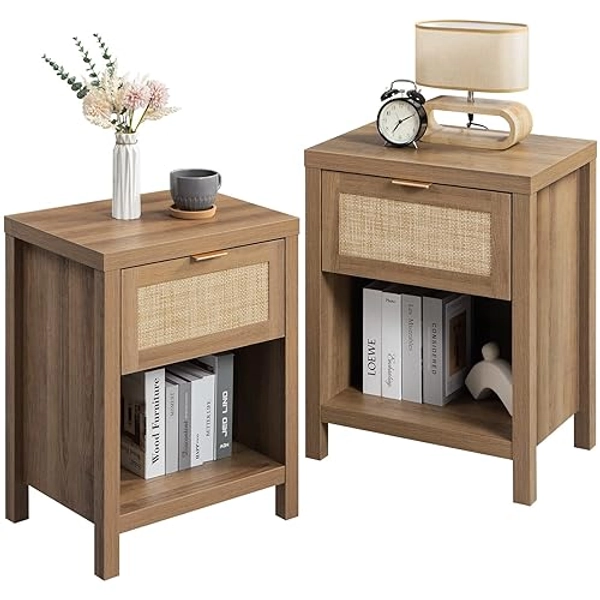 SICOTAS Rattan Nightstand Set of 2 - Farmhouse Night Stand with Drawer and Storage Shelf - Boho Bedside Table End Table Side Table Accent Table for Bedroom - Reclaimed Caramel Oak - 2 Pieces