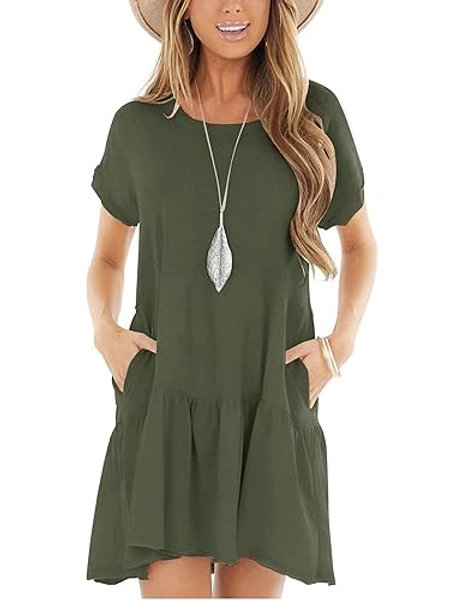 Minclouse Women's Short Sleeve Flowy Swing T Shirt Dress Baby Doll Cute Casual Pockets Dresses - Large - Green