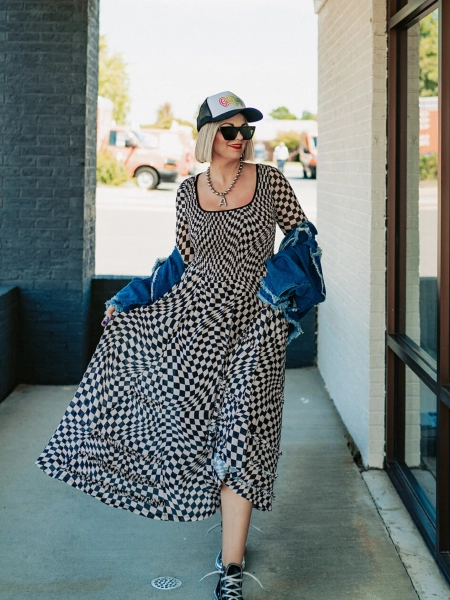 LADY LUCK CHECKERED MESH DRESS